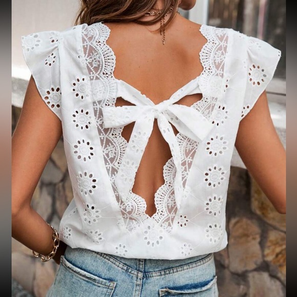 Boho Sheer Floral Eyelet Embroidery Lace Tie Cap Sleeve Top Blouse Shirt White - Picture 4 of 5